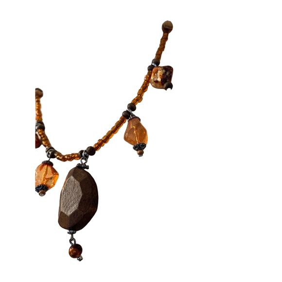 Necklace Orange Acrylic and Brown Wooden Beads Adjustable 21" Boho Chic - Picture 2 of 5